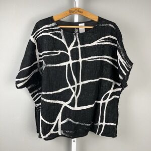 Igor Dobranic Linen‎ Abstract Boxy Top Artsy Minimalist Blouse Black White L